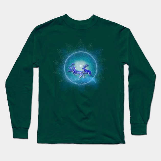 Christmas Collection Magic Reindeer flying in the Icy Glacial Winter Sky Long Sleeve T-Shirt by Cristilena Lefter